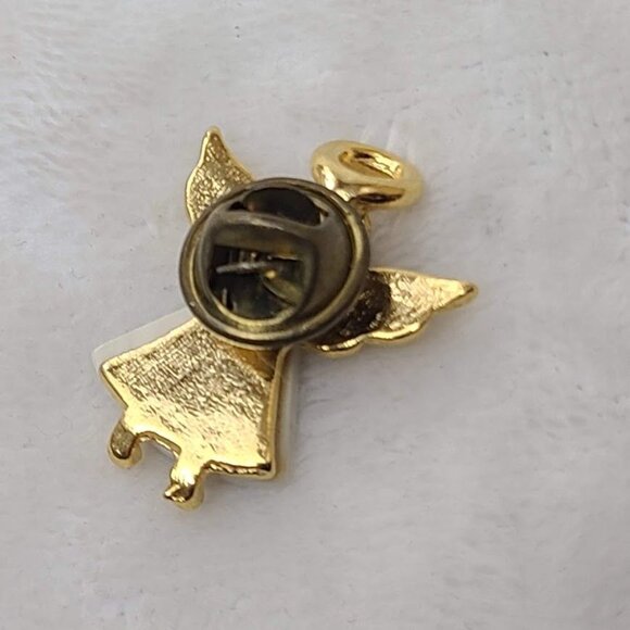 Gold Tone Angel Pendant Pin White Enamel Dress Pink Rhinestone Halo - Picture 5 of 5